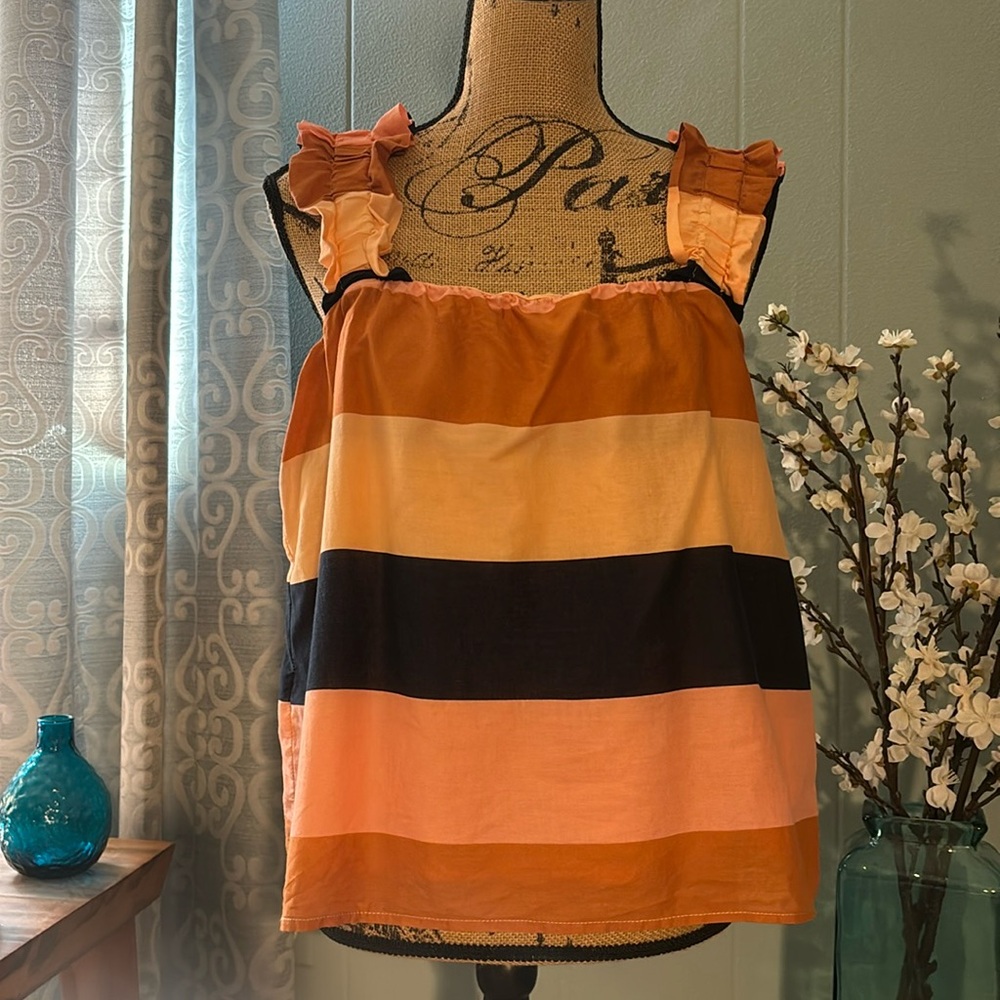 Striped Ruffle Strap Tank Top - Peach Multi - Picture 2 of 11
